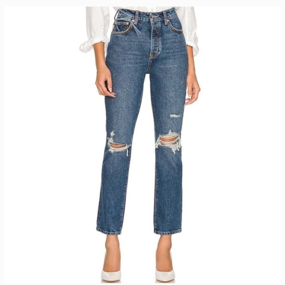 LF LOVERS AND FRIENDS Reece High Rise Rigid Slim Straight Distressed Jean Sz 28